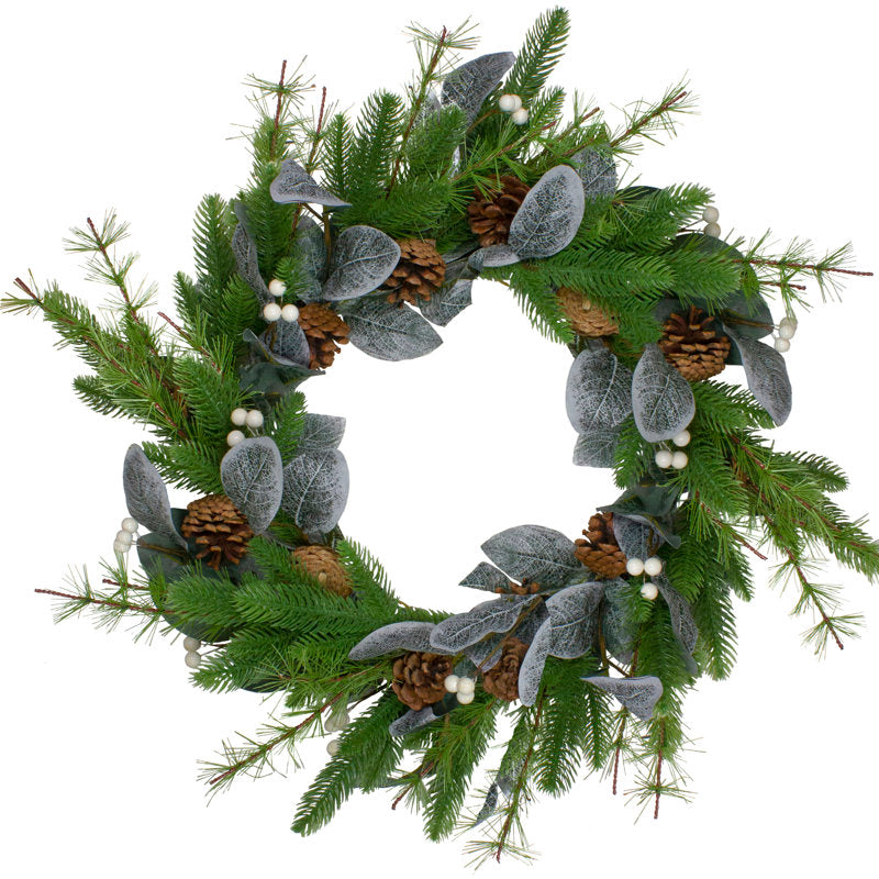 22" unlit white pine Christmas wreath with pinecones and berries