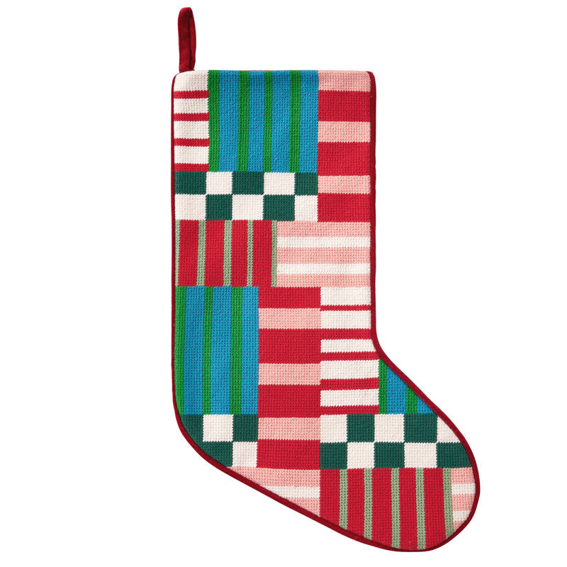 Modern Patchwork Embroidered Holiday Stocking