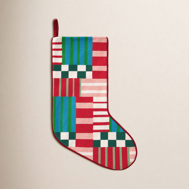 Modern Patchwork Embroidered Holiday Stocking