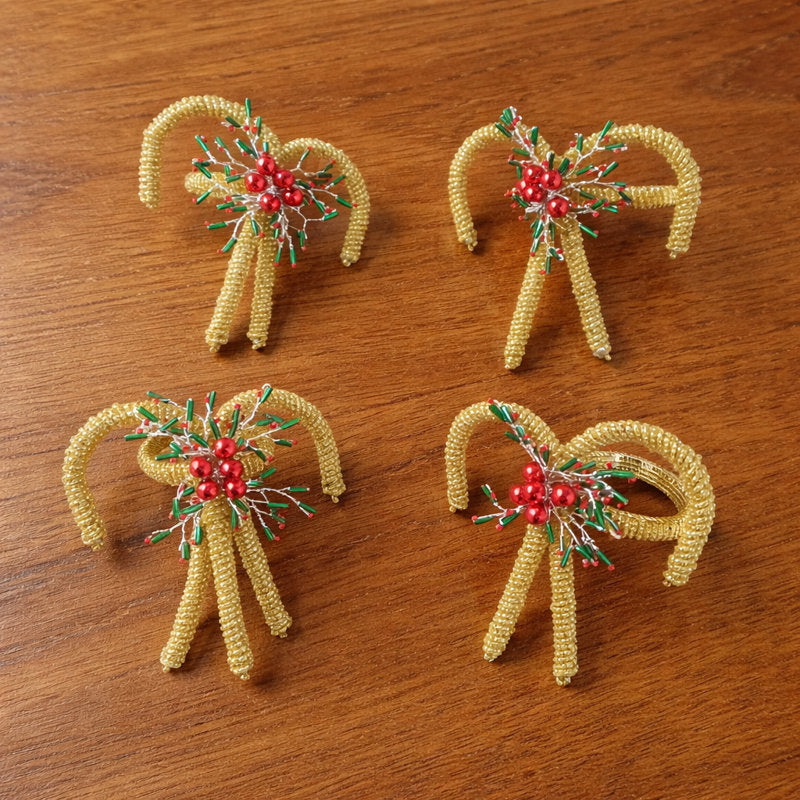 Multicolor Hand Beaded Candy Cane Napkin Rings, Set Of 4