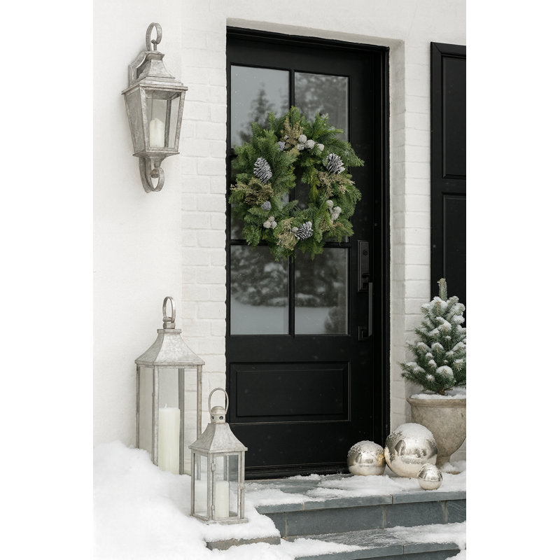 Natural Fresh Evergreens and Dried Flower Holiday Juniper, Echinops, Silver Balls, and Silver Pine Cones Wreath