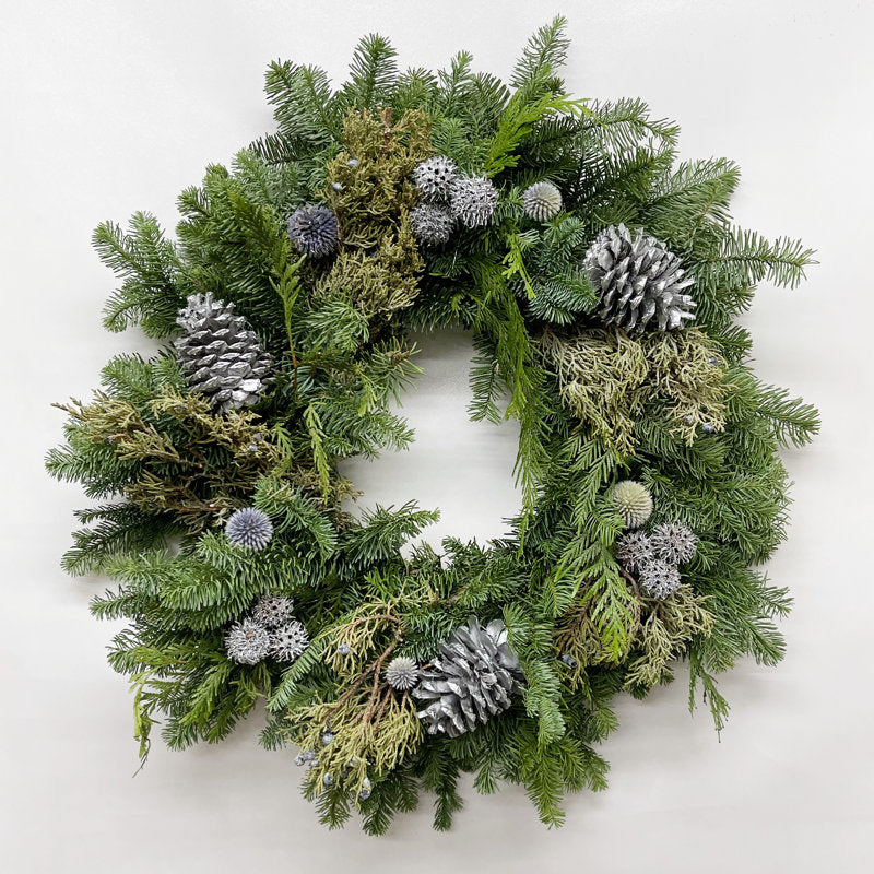 Natural Fresh Evergreens and Dried Flower Holiday Juniper, Echinops, Silver Balls, and Silver Pine Cones Wreath
