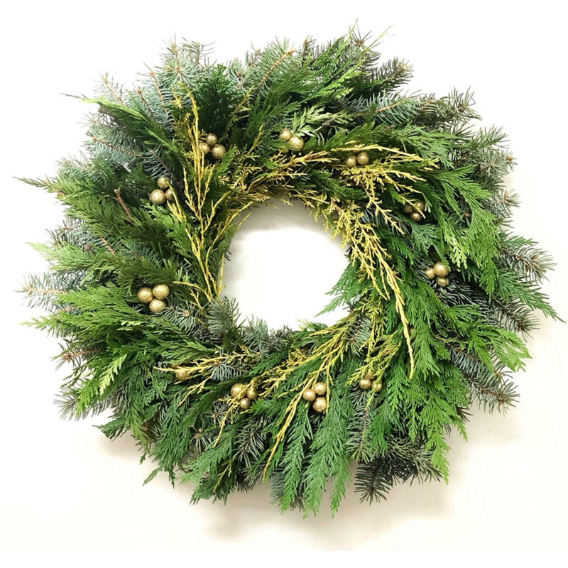 Natural Fresh Evergreens and Dried Flower Holiday Noble fir, Cedar, and Gold Sparkly Balls Wreath