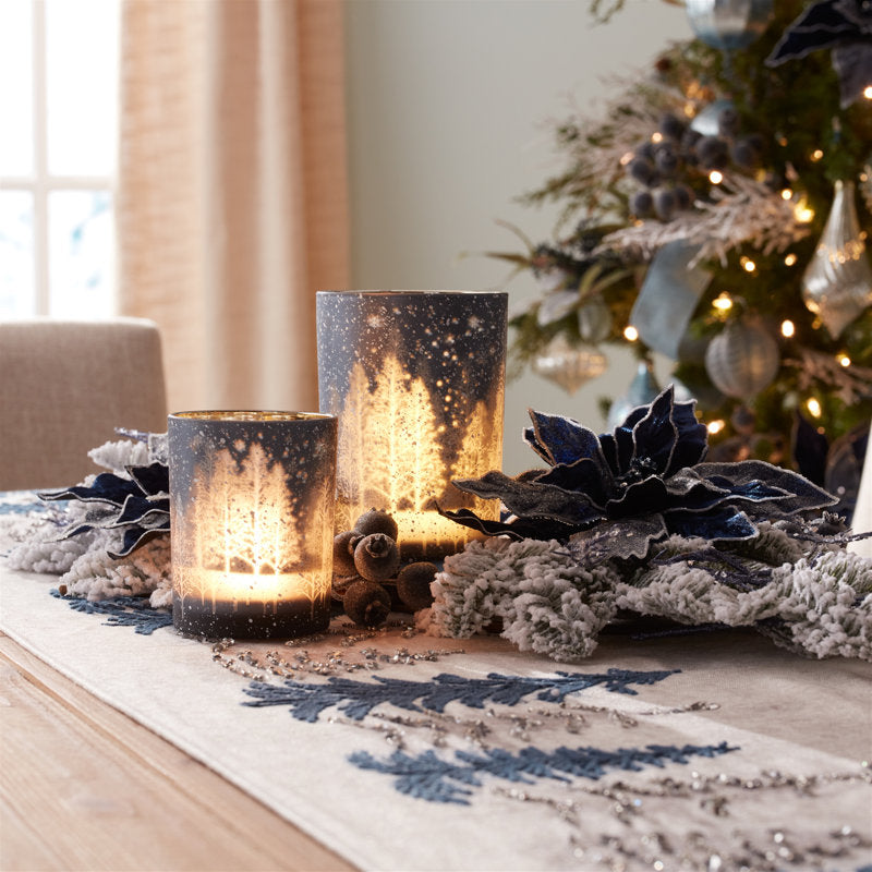 Navy Pine Tree Glass Candle Holder