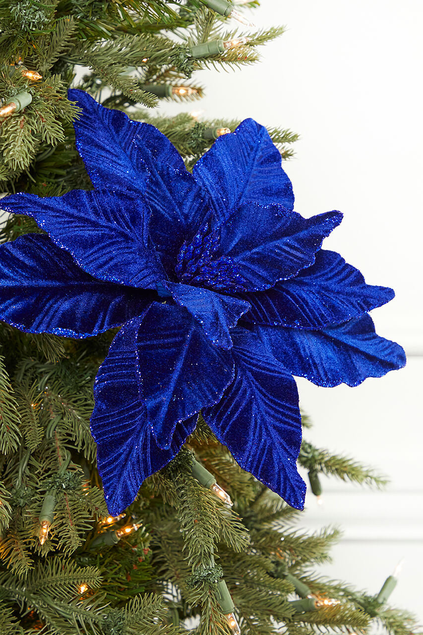 22" x 11" Royal Blue Velvet Poinsettia Stem Elegant Artificial Christmas Floral Pick