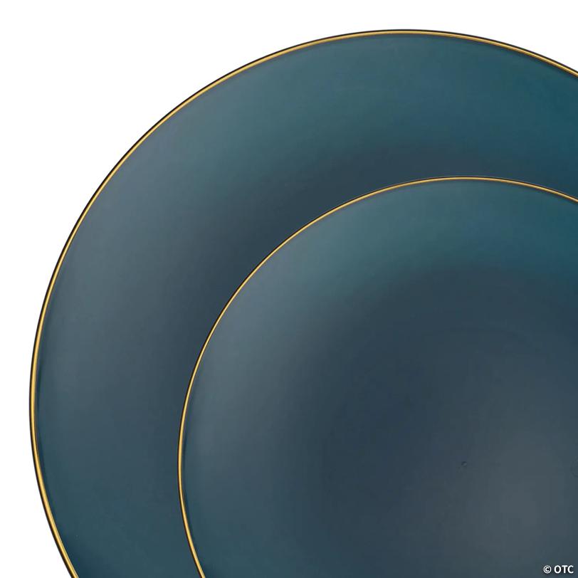 Navy with Gold Rim Organic Round Disposable Plastic Dinnerware Value Set - 20 Dinner Plates + 20 Salad Plates | USA Decoration®