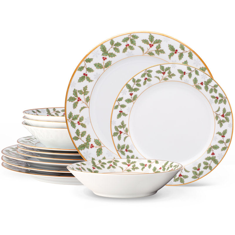 Noritake Holly and Berry Gold 12-Piece Dinnerware Set, Servicer For 4