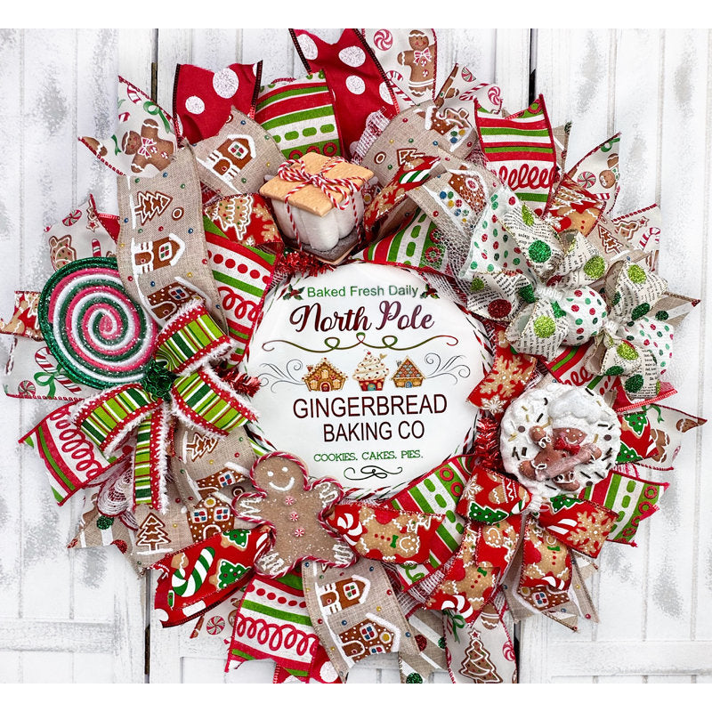 Gingerbread Christmas Wreath hung on a wooden door
