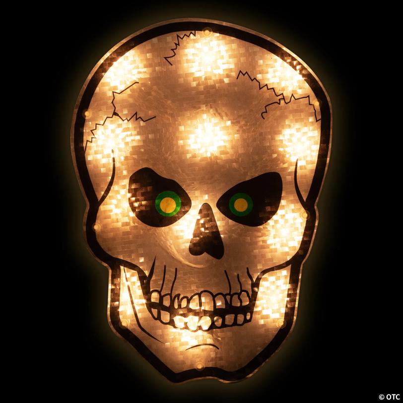 Northlight 12" Silver and Black Holographic Lighted Skull Halloween Window Silhouette Decoration