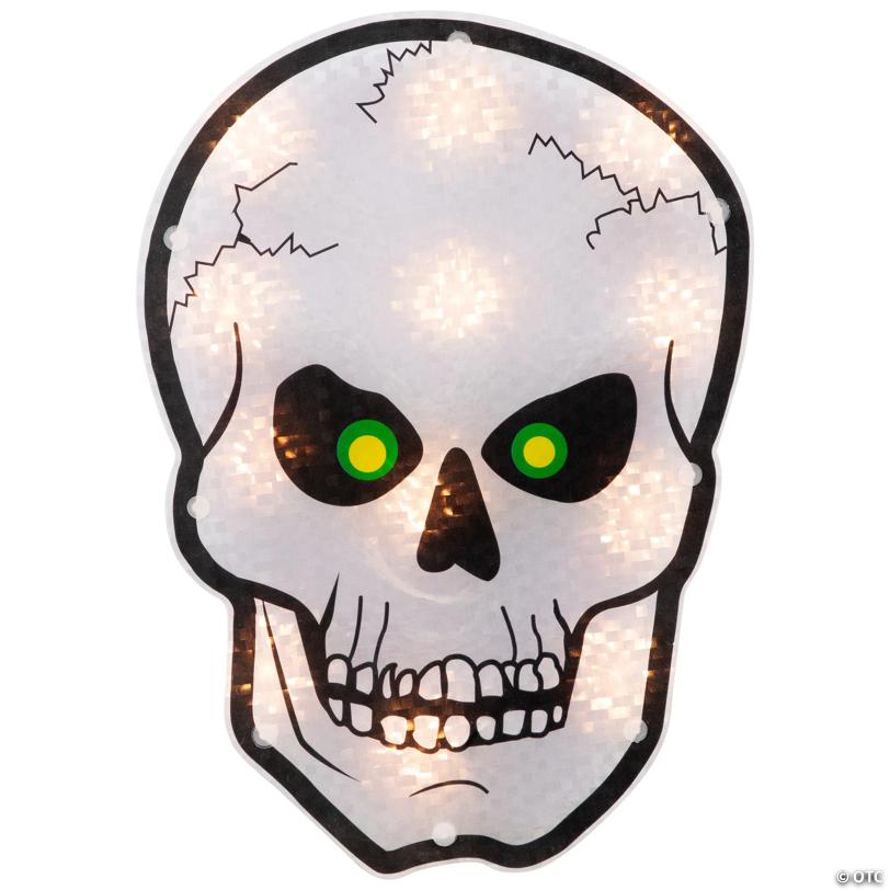 Northlight 12" Silver and Black Holographic Lighted Skull Halloween Window Silhouette Decoration