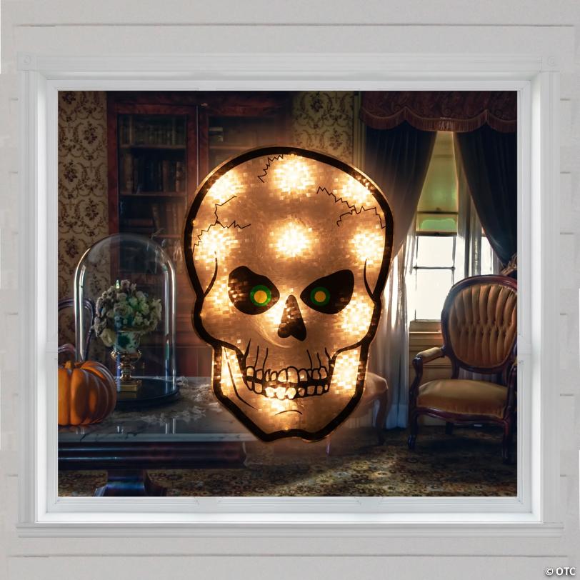 Northlight 12" Silver and Black Holographic Lighted Skull Halloween Window Silhouette Decoration