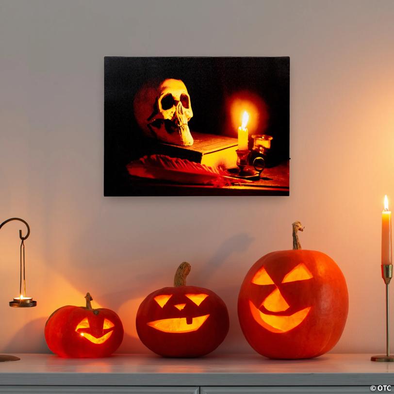 Northlight Black and Orange LED Lighted Skull Halloween Wall Art 12" x 15.75