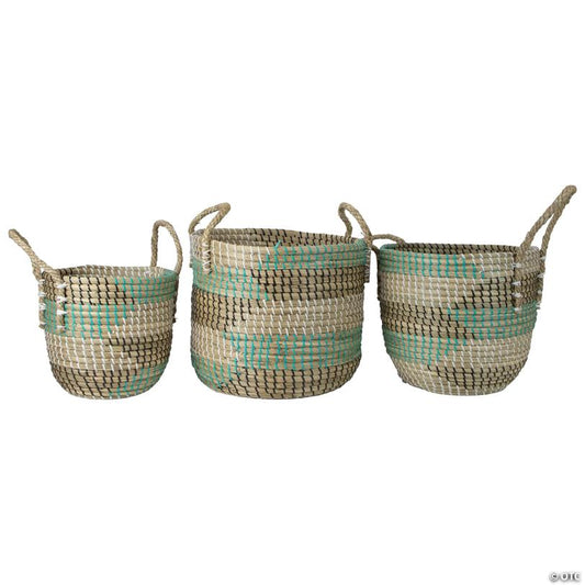 Northlight Set of 3 Natural Woven Seagrass Basket with Teal Black and White Accents