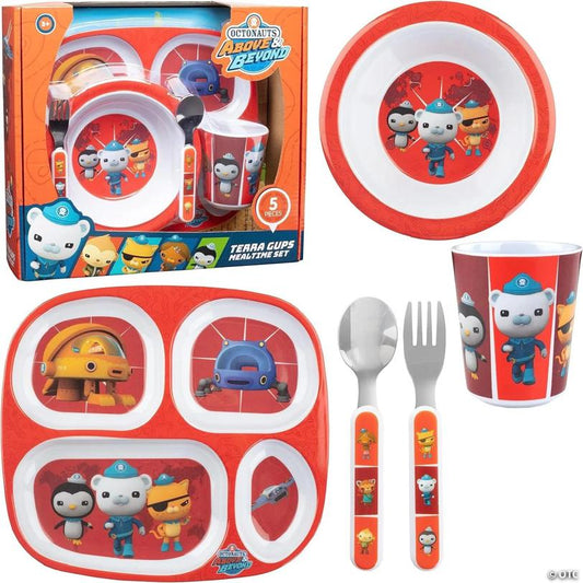Octonauts 5 Pcs Mealtime Divided Plate Feeding Set for Kids & Toddlers - Terra Gups- Includes Plate w/ 4 Compartments, Bowl, Cup, Fork & Spoon Utensil Flatware | USA Decoration®