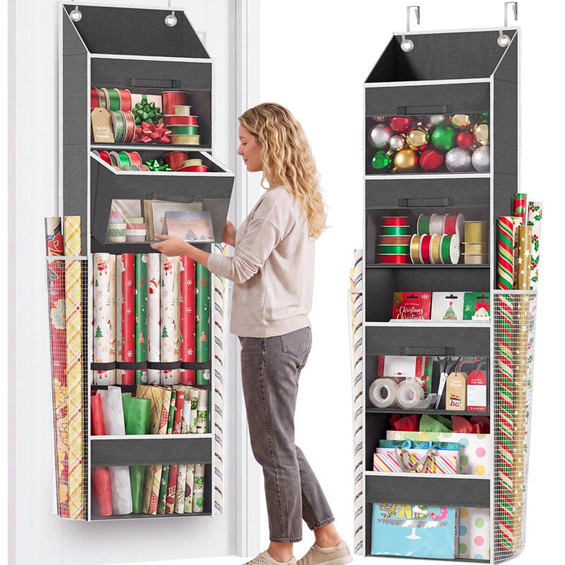 Over Door Wrapping Paper Organizer Storage with 3 Removable Drawers & Side Pockets â€“ Dual Use Design with Elastic Straps â€“ Christmas Gift Wrap Storage for Ribbons, Bows, Ornament and Other Tools 1Pack