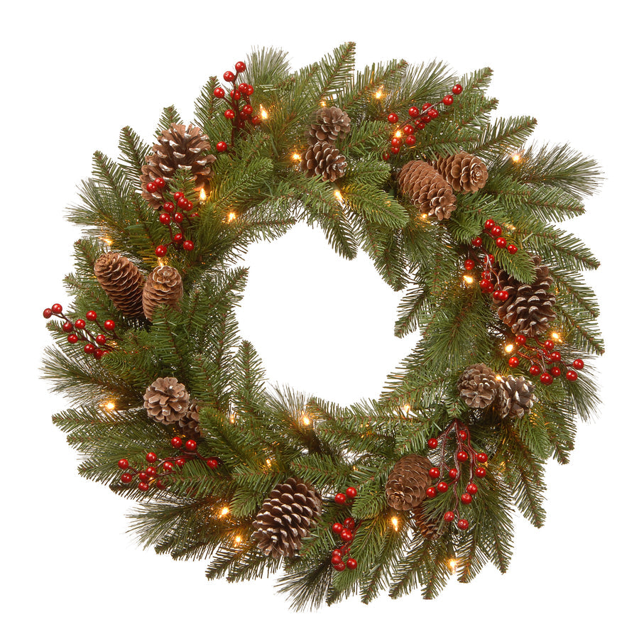 24 Inch Pre-Lit Bristle Berry Wreath with LED Lights Red Berries Pinecones | USA Decoration®
