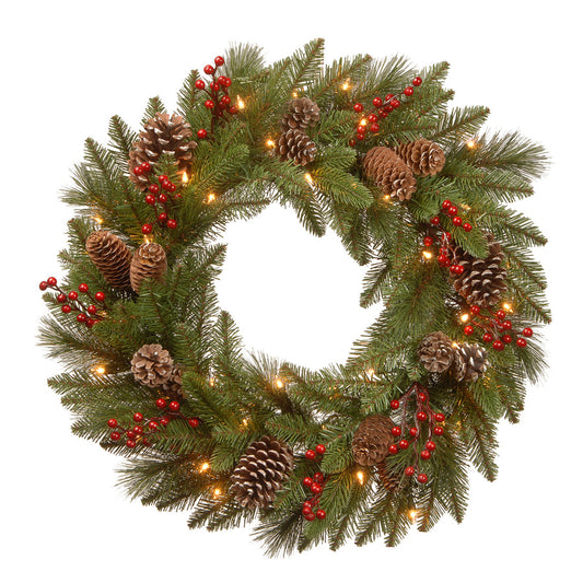 24 Inch Pre-Lit Bristle Berry Wreath with LED Lights Red Berries Pinecones | USA Decoration®