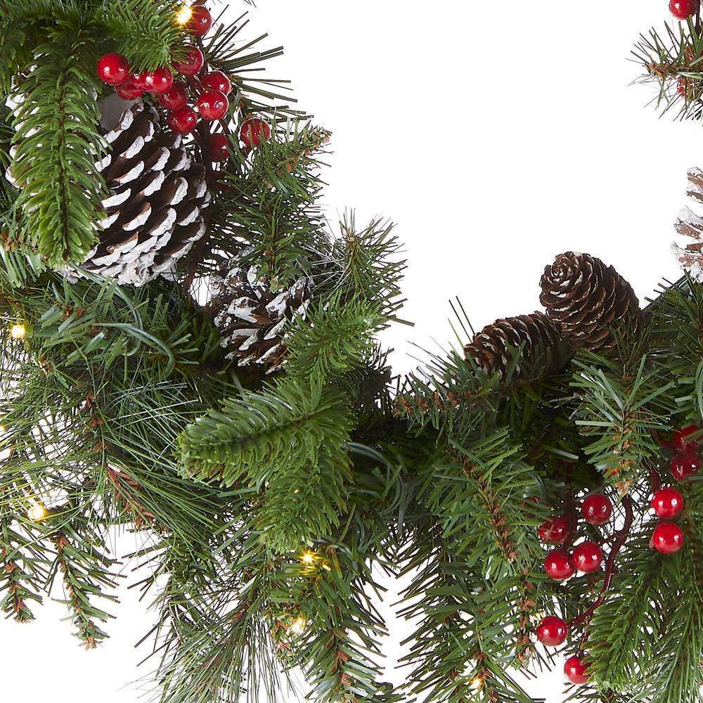 24 Inch Pre-Lit Bristle Berry Wreath with LED Lights Red Berries Pinecones | USA Decoration®