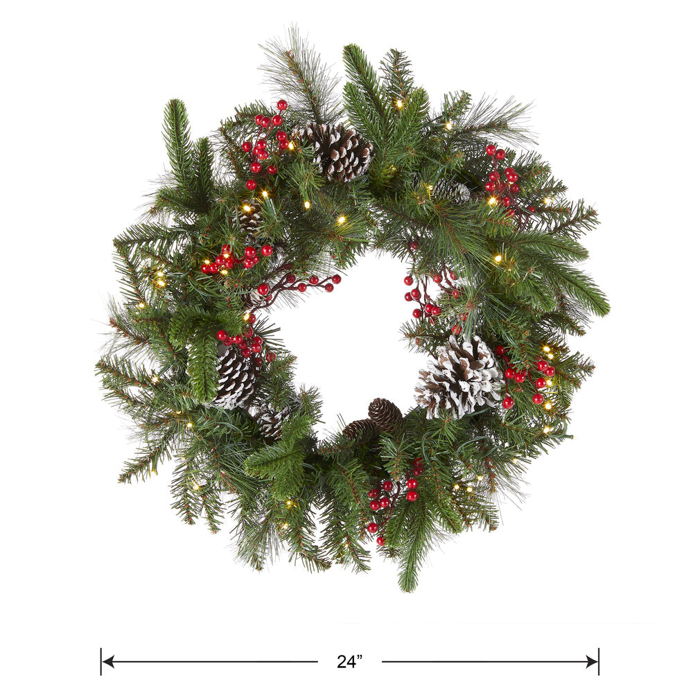 24 Inch Pre-Lit Bristle Berry Wreath with LED Lights Red Berries Pinecones | USA Decoration®