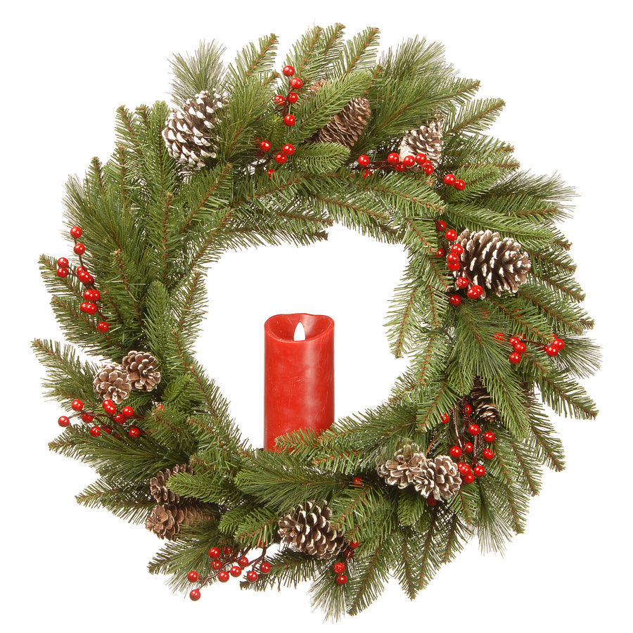 24 Inch Bristle Berry Wreath with Single Candle Pre Lit Pine Cone Decoration | USA Decoration®