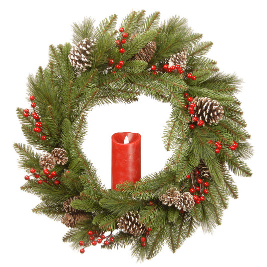 24 Inch Bristle Berry Wreath with Single Candle Pre Lit Pine Cone Decoration | USA Decoration®