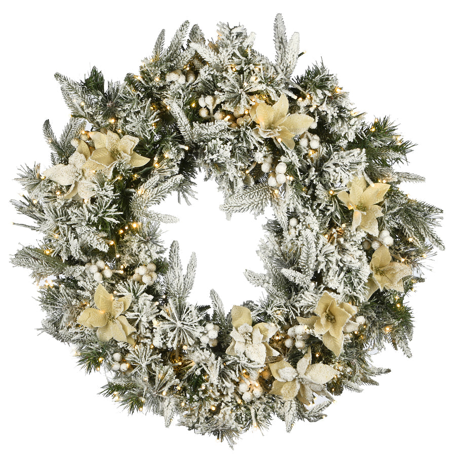 Pre-Lit Frosted Colonial Fir Christmas Wreath with Poinsettias Berry Clusters | USA Decoration®