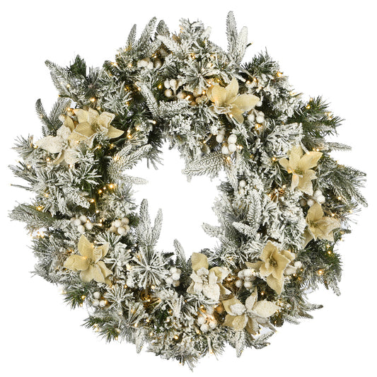 Pre-Lit Frosted Colonial Fir Christmas Wreath with Poinsettias Berry Clusters | USA Decoration®