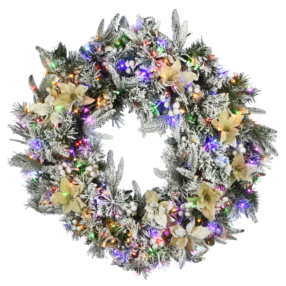 Pre-Lit Frosted Colonial Fir Christmas Wreath with Poinsettias Berry Clusters | USA Decoration®