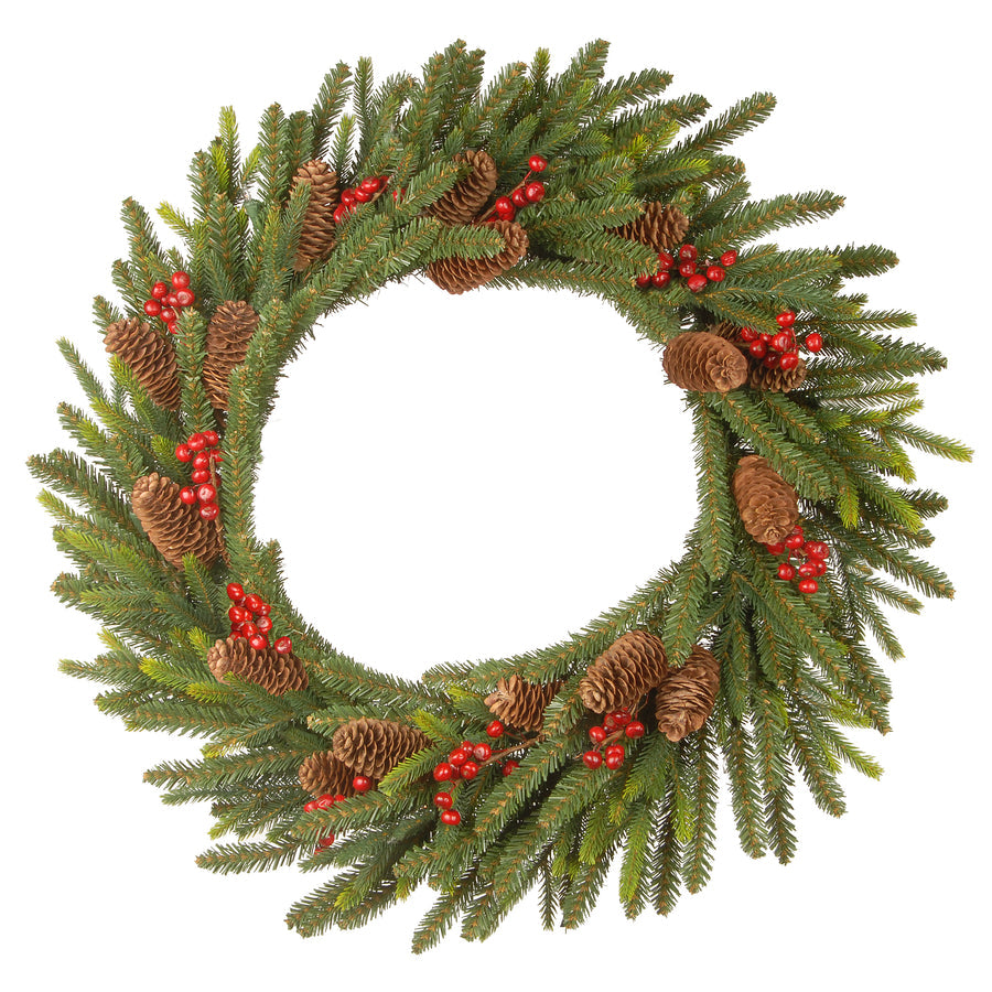 Pre-Lit Dorchester Fir Christmas Wreath with Pine Cones Berry Clusters | USA Decoration®