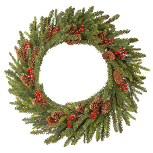 Pre-Lit Dorchester Fir Christmas Wreath with Pine Cones Berry Clusters | USA Decoration®