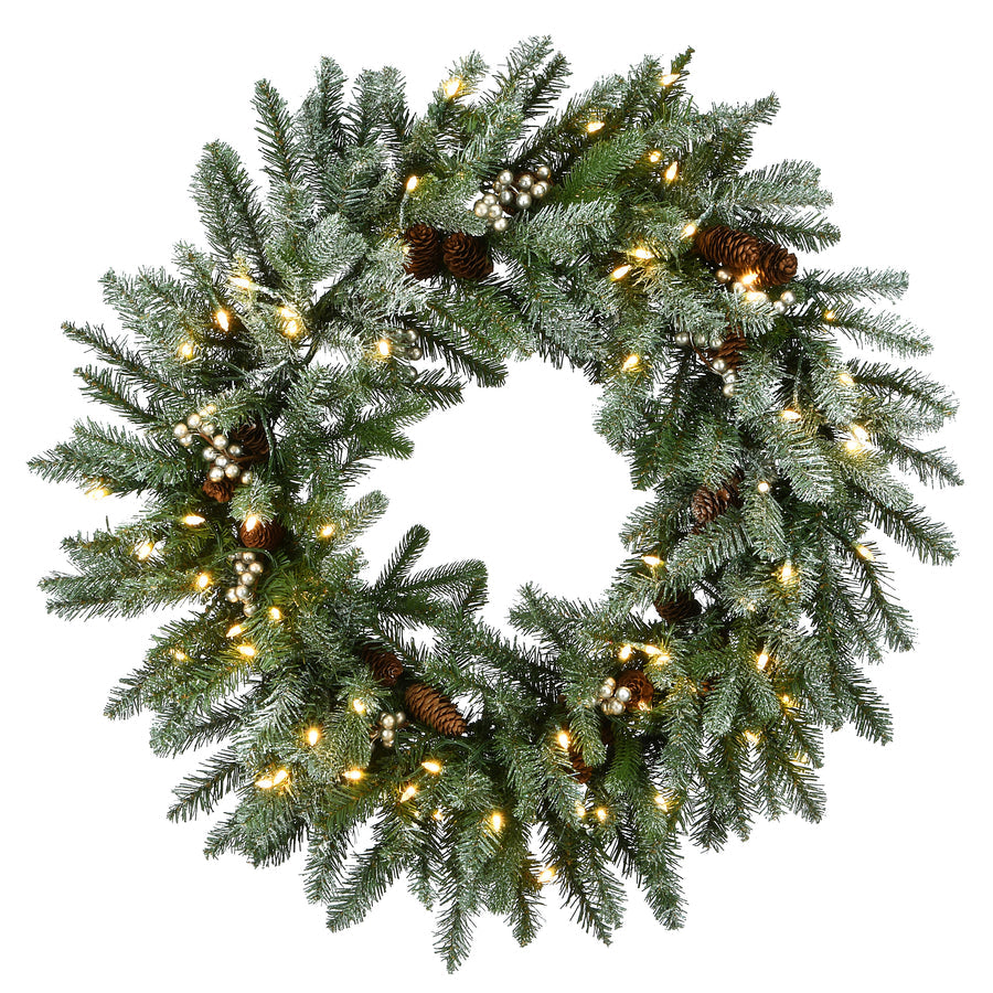 30 in Pre-Lit Snowy Morgan Spruce Wreath with Twinkly Smart LED Lights | USA Decoration®