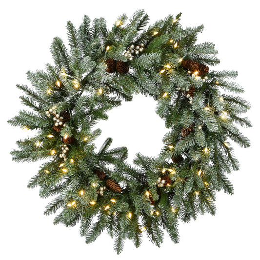30 in Pre-Lit Snowy Morgan Spruce Wreath with Twinkly Smart LED Lights | USA Decoration®