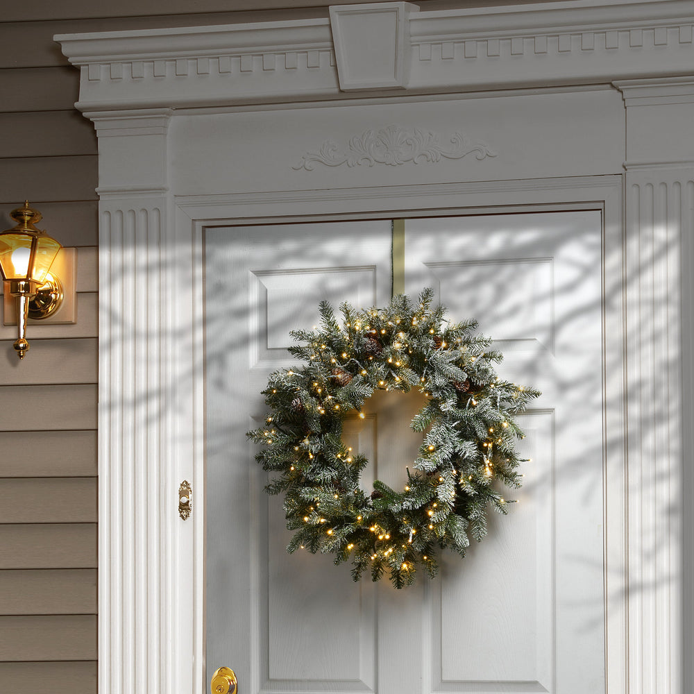 24 in Pre-Lit Snowy Morgan Spruce Wreath with Dual Color LED Lights | USA Decoration®
