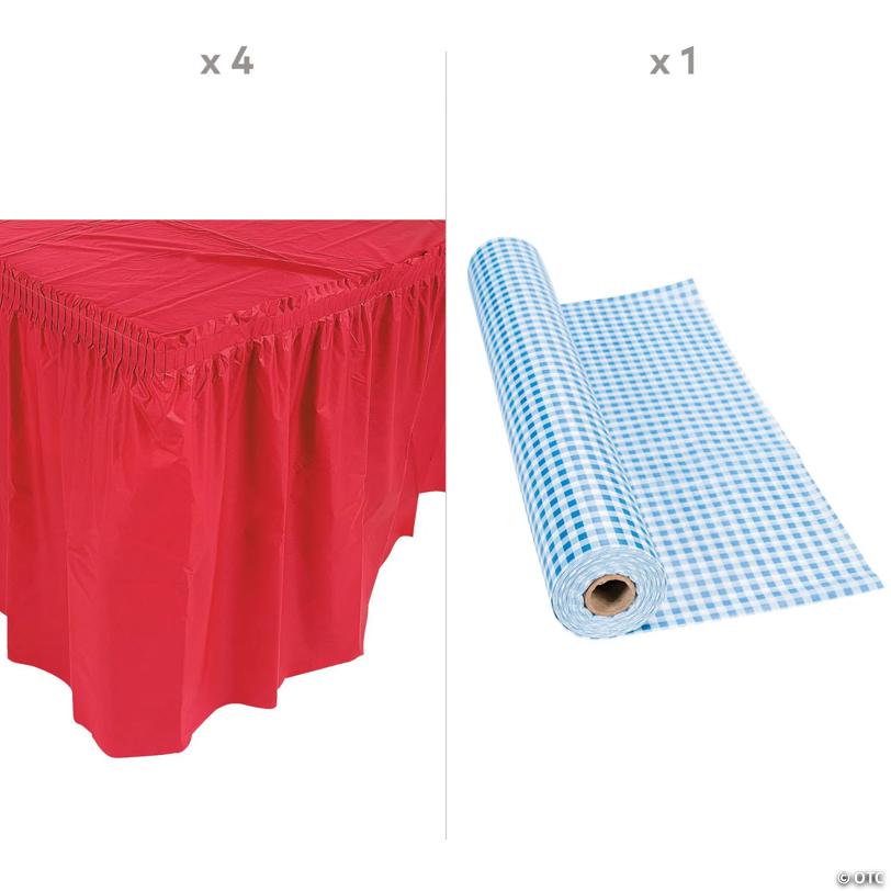 Patriotic Blue Gingham Plastic Tablecloth Roll with Red Table Skirts Decorating Kit - 5 Pc.