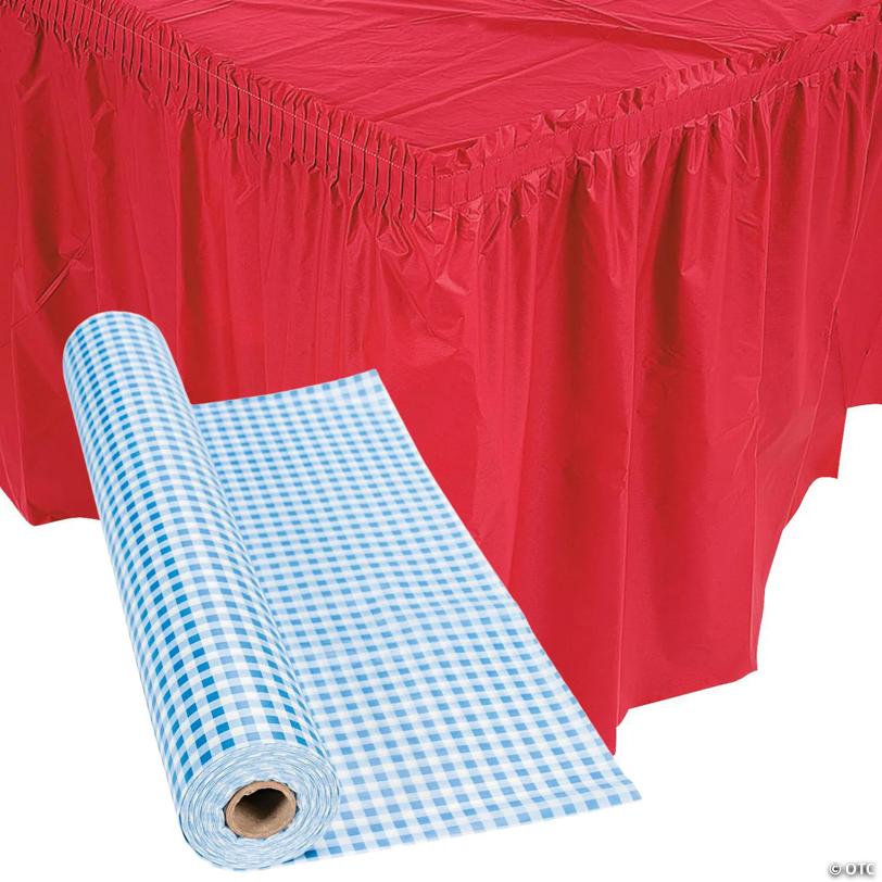 Patriotic Blue Gingham Plastic Tablecloth Roll with Red Table Skirts Decorating Kit - 5 Pc.