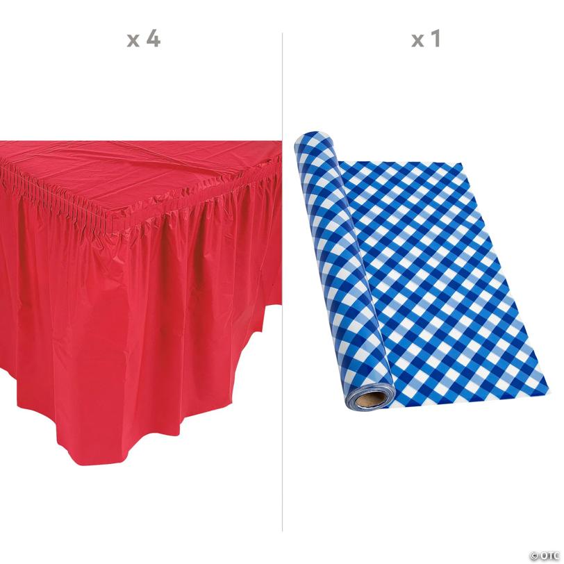 Patriotic Blue Large Gingham Plastic Tablecloth Roll with Red Table Skirts Decorating Kit - 5 Pc.