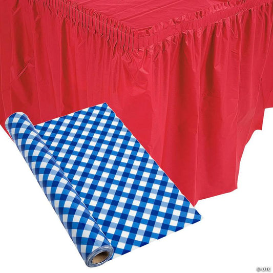 Patriotic Blue Large Gingham Plastic Tablecloth Roll with Red Table Skirts Decorating Kit - 5 Pc.