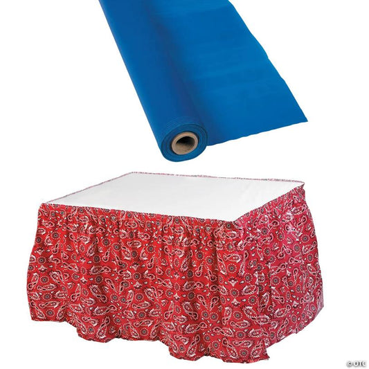 Patriotic Blue Plastic Tablecloth Roll with Red Bandana Table Skirts Decorating Kit - 5 Pc.