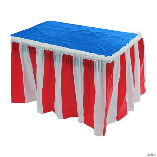 Patriotic Blue Plastic Tablecloth Roll with Red & White Striped Table Skirts Decorating Kit - 5 Pc.