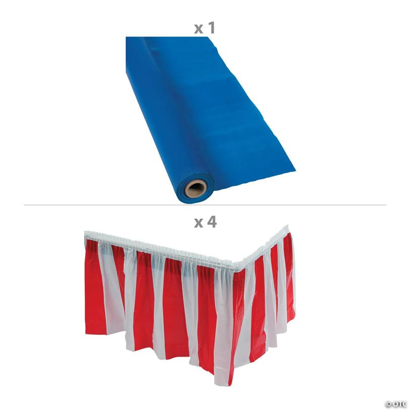 Patriotic Blue Plastic Tablecloth Roll with Red & White Striped Table Skirts Decorating Kit - 5 Pc.