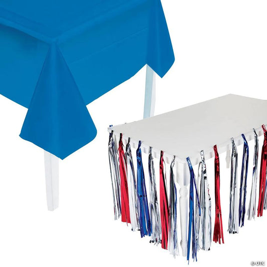 Patriotic Blue Plastic Tablecloth with Metallic Red, White & Blue Table Skirt Kit - 2 Pc.