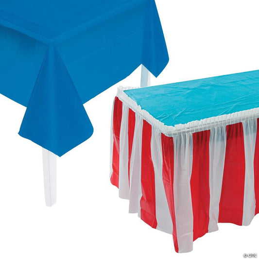 Patriotic Blue Plastic Tablecloth with Red & White Striped Table Skirt Kit - 2 Pc.