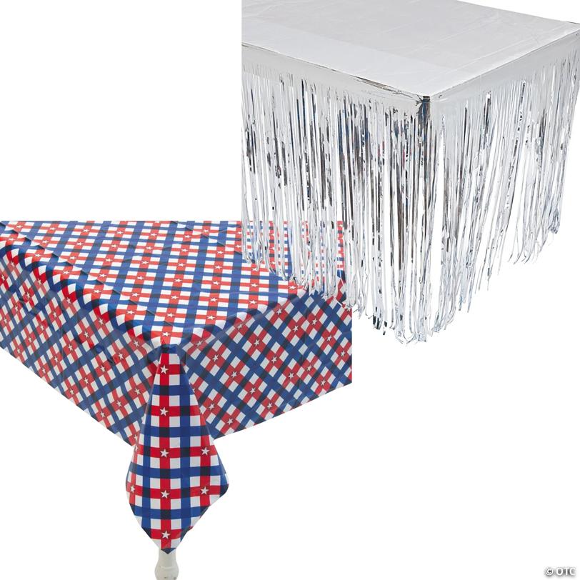 Patriotic Gingham Plastic Tablecloth with Silver Table Skirt Decorating Kit - 5 Pc.