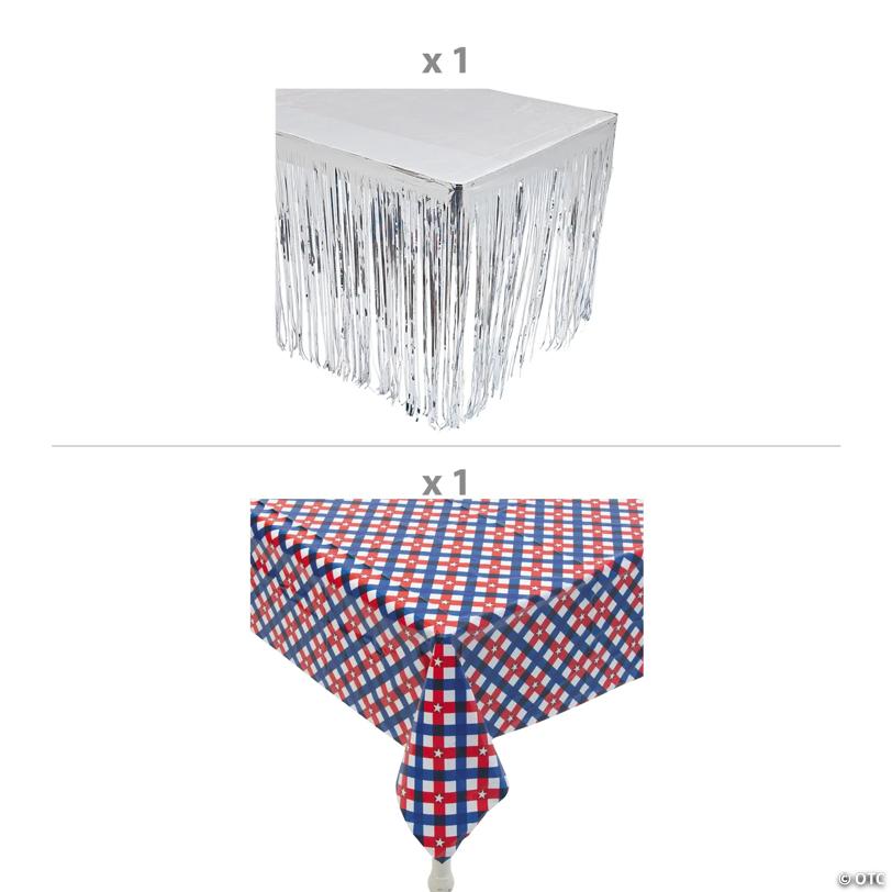Patriotic Gingham Plastic Tablecloth with Silver Table Skirt Decorating Kit - 5 Pc.