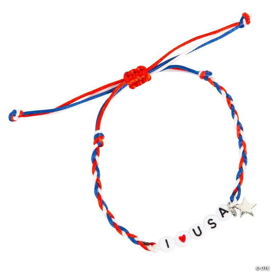 Patriotic I Love USA Adjustable Friendship Bracelets - 12 Pc.