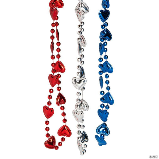 Patriotic Metallic Bead Necklaces with Hearts - 24 Pc.