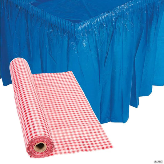 Patriotic Red Gingham Print Plastic Tablecloth Roll with Blue Table Skirts Decorating Kit - 5 Pc.