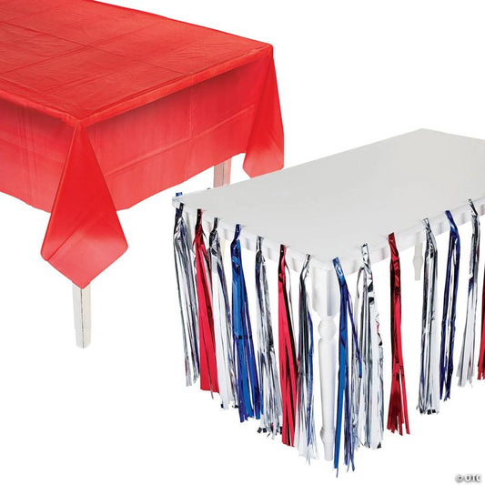 Patriotic Red Plastic Tablecloth with Metallic Red, White & Blue Table Skirt Kit - 2 Pc.