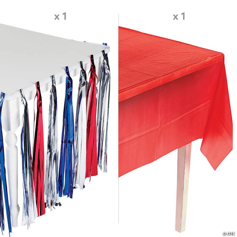 Patriotic Red Plastic Tablecloth with Metallic Red, White & Blue Table Skirt Kit - 2 Pc.
