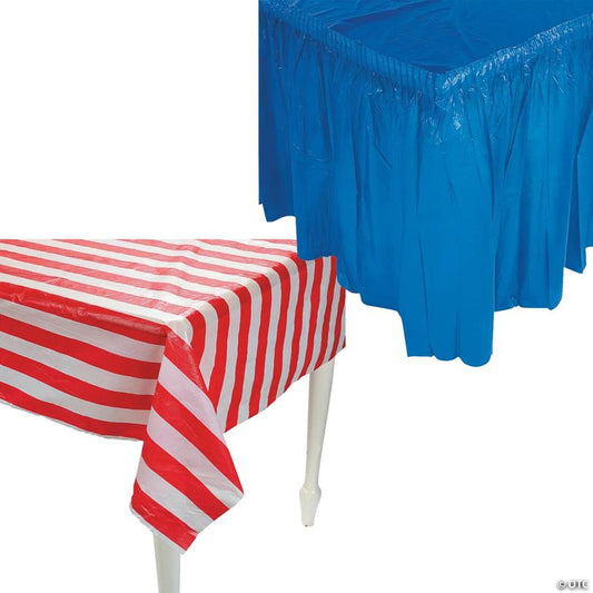 Patriotic Striped Plastic Tablecloth Roll with Blue Table Skirts Decorating Kit - 5 Pc.